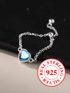 S925 Sterling Silver Heart Design Chain Rings - Synthetic Moonstone Rings for Women & Girls Holiday Party Engagement Rings, Perfect for Wedding Jewelry, Daily Wear Anniversary Valentine's Day Gift（with box）