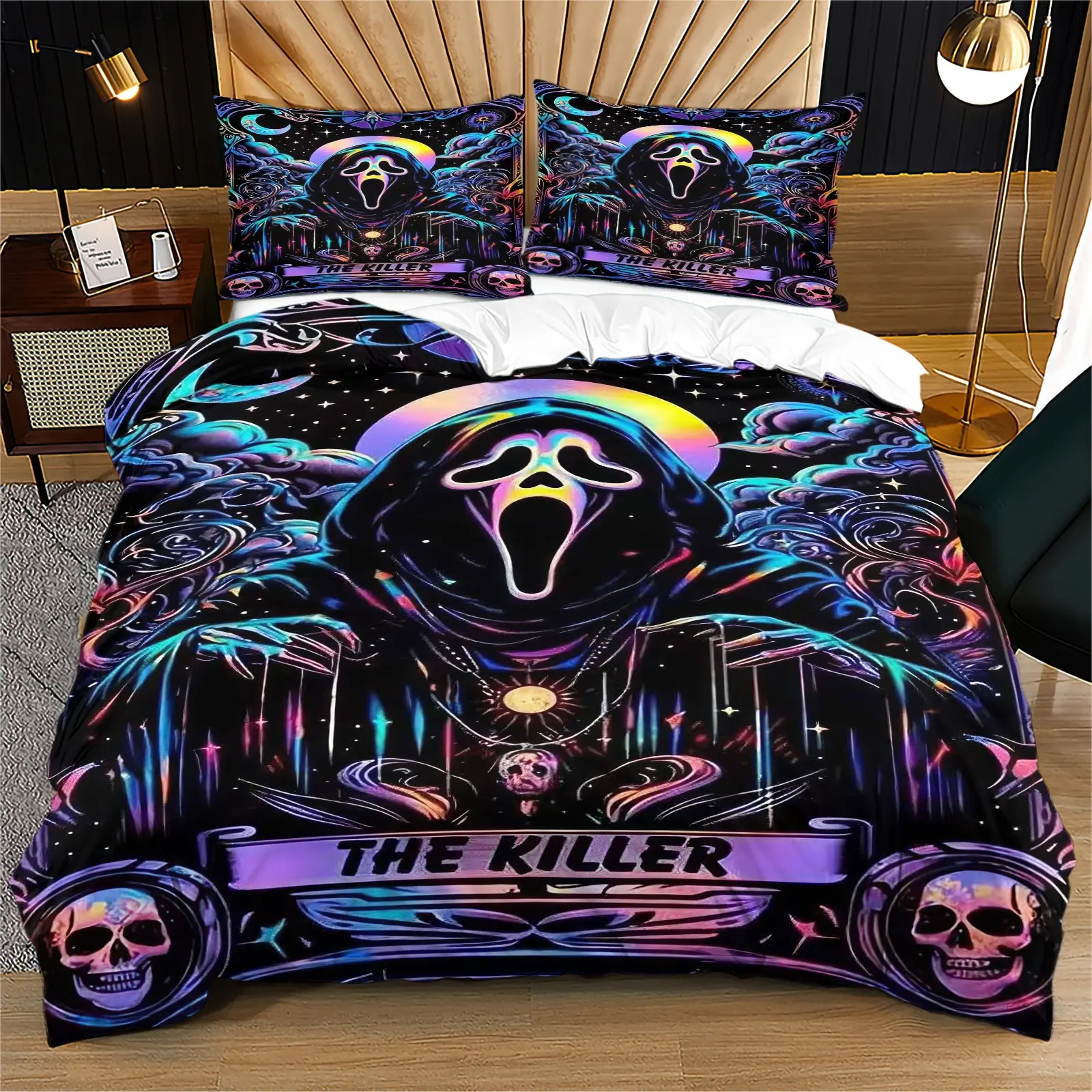 Star and Moon Skull Cover, a unique and personalized bedroom decoration gift suitable for young adults, including 1 duvet cover and 1 or 2 pillowcases without a core and pillow
