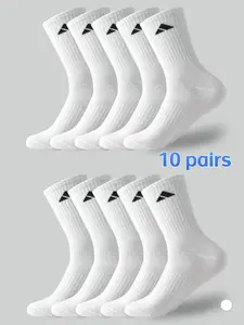 Men's Spring & Fall Breathable Sweat-Absorbing Socks, Solid Color Couple Socks, Unisex 10 Pairs Casual Sports Running Socks Mid-Calf Athletic Socks