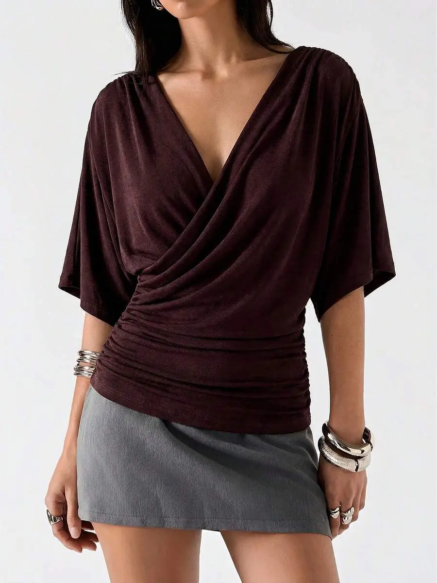 HANNA x LYSMO 2026 New Minimalist Spring/Summer Women's Solid Color Overlapping V-Neck Batwing Short Sleeve Casual T-Shirt, Brown,Summer Top