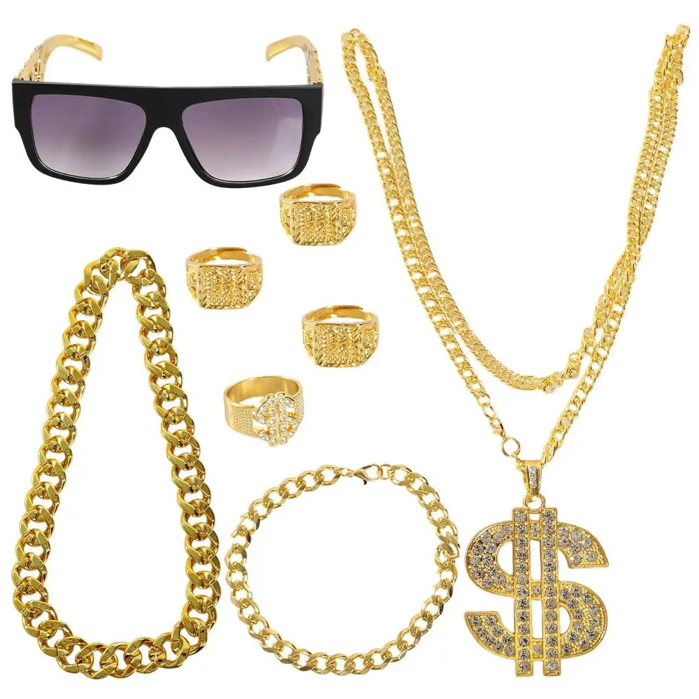 8PCS Hip Hop Punk Alloy USD Chain Necklace Glasses Ring Bracelet Set Fortune 3 Ring