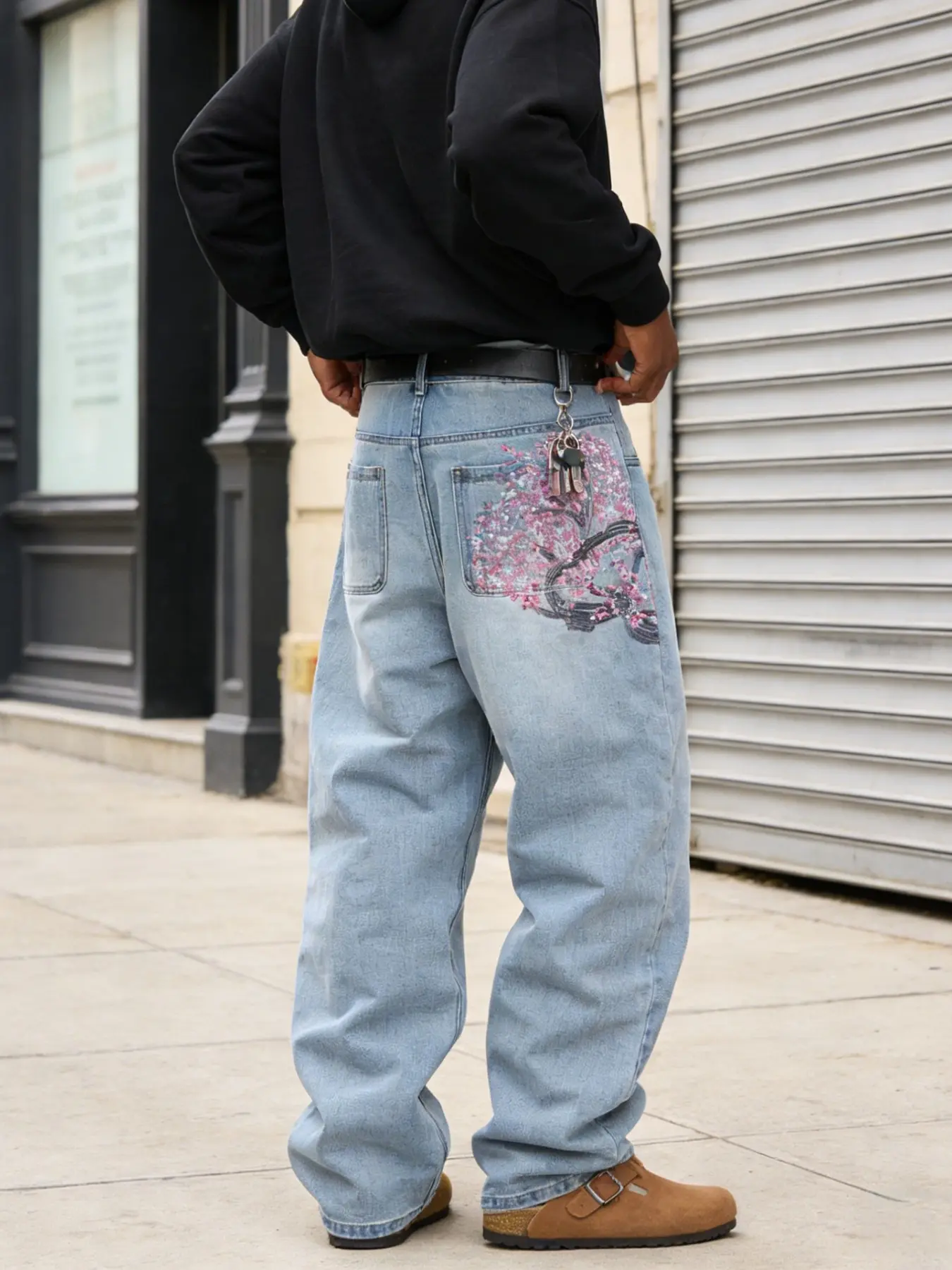 Hiphop Streetwear Aesthetic Sakura Cherry Embroidered Pocket Jeans, Light Blue Washed Denim, Vintage Classic Loose Wide Leg Pants, Y2K Unisex Fashion, Perfect Gift for Boyfriend