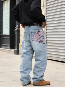 Hiphop Streetwear Sakura Embroidered Jeans, Light Blue Washed Denim, Vintage Classic Loose Wide Leg Pants, Y2K Unisex Fashion, Perfect Gift for Boyfriend