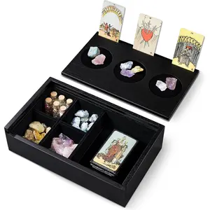Tarot Card Holder & Witchy Altar Box, Wooden Dual-Slot Design Display Stand Hold up to 8 Cards,  Lined Tarot Box for Decks, ,  Supplies, Witchy Gifts & Decor (Black)