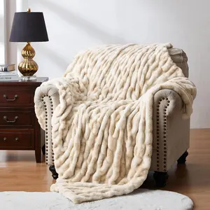 Ruched Faux  Throw Blanket Soft Cozy  Luxurious Blankets Couch Bed Sofa Chair  Decor Warm Furry Fall Winter Plush   Bubble Blanket 50" x 60", Caramel Beige Camel Neutral