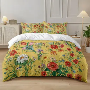 3-piece quilt cover set (1 quilt cover +2 pillowcases, coreless) Vintage turmeric base quilt cover with French pastoral style colorful flower print soft and comfortable bedding, suitable for all rooms
