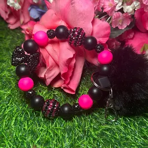 Hot punk wristlet keychain color scheme hot pink, black and bling beads made with wire