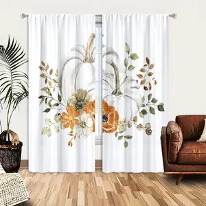 2D Flat 2Pcs White Sheer Curtains with Watercolor Pumpkin Floral Print, Fall Harvest Thanksgiving Decor, Rod Pocket Design, Semi Polyester, for Living Room Bedroom Kitchen Window Treatment, Farmhouse Style Home Decoration
