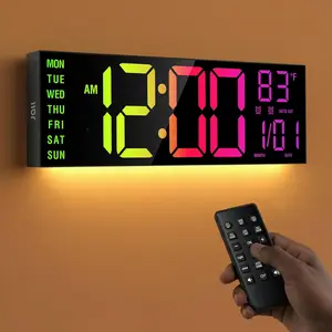 JALL 16.15 inch Large Wall Clock, RGB Lights with Remote, Dual Alarms with Big LED Display, Auto DST, C° / F° Temperature for Classroom, Birthday Gift, Senior