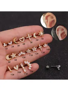 Titanium steel stainless steel rod micro-set zirconia crown ear bone pin screw tightened ball fashionable earrings piercing accessories