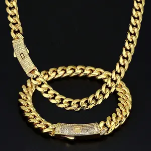 Men's Golden Miami Cuban Link Chain, 10mm Stainless Steel Necklace With Synthetic zircon  Curve Design Buckle, Necklace Bracelet, 7.5''-30"