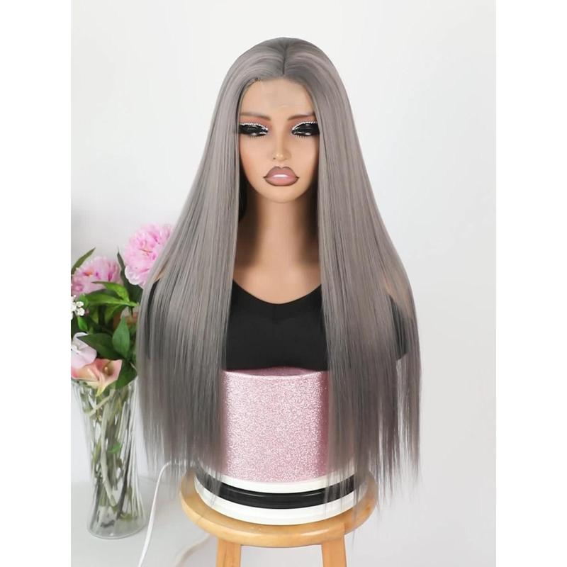 4*2 Inch Dark Grey Wigs for Women Long Straight Synthetic Small Lace Front Wig 26 Inch Middle Part Heat Resistant Gray Hair Replacement Wigs for Cosplay Daily Party Use