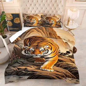 2-Piece/3-Piece Wild Animal Pattern Bedding Set, High-Definition Printed King Of Beasts Tiger Comforter Set, Suitable for Bedroom and Guest Room Bed Decoration, High-End and Fashionable, Including 1 Quilt and 1/2 Pillowcase