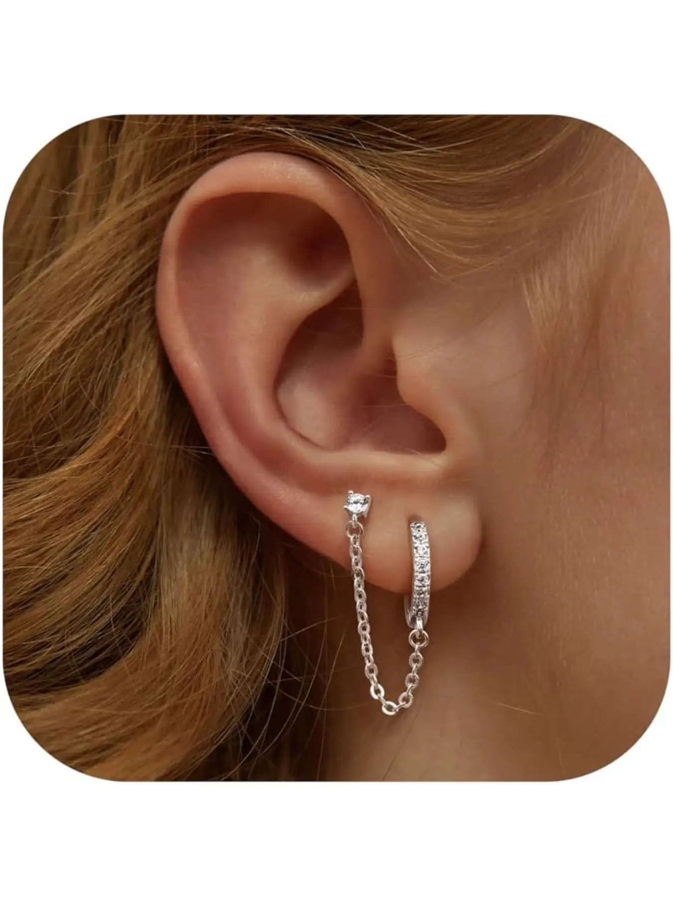 Chain Earrings for Women - 925 Sterling Silver Double Piercing Stud Earring Jewelry Hoop Earrings Gold Earring Hoops Fashionable Huggie Earrings for Multiple Piercing CZ Drop Cartilage Helix Earrings for Teen Girls Earring Stack