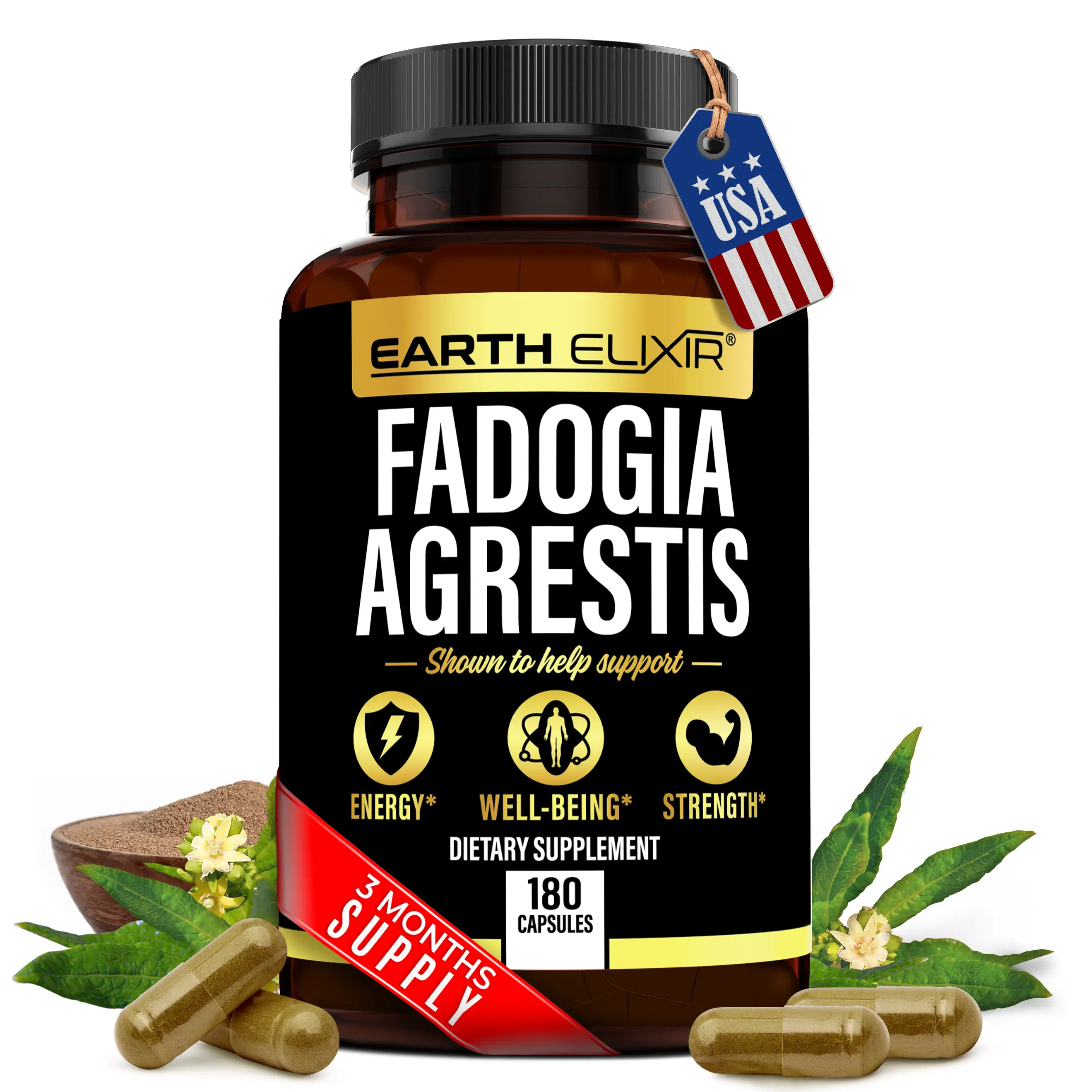 Earth Elixir Fadogia Agrestis Dietary Supplement 180 Capsules for Energy, Well-Being, and Strength Natural Vitamin