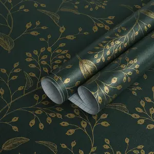 118x17.3” Dark Green & Gold Floral Peel & Stick Wallpaper – Removable Self-Adhesive Vinyl for Bedroom & Cabinets