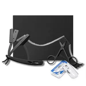 3 Piece Beard Shaping Tool Set for Men – Professional Straight Edge Razor, Template Guide, 10 Double Edge Blades, Barber Pencil & Stainless Steel Scissors – Complete Grooming Kit