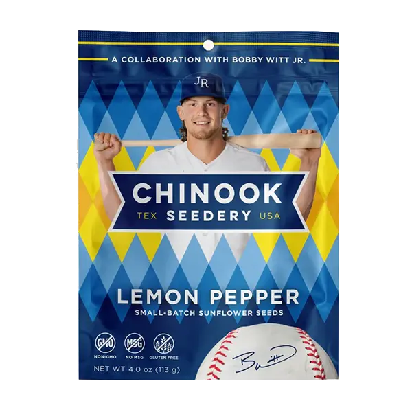 Chinook Seedery Lemon Pepper Small Batch Sunflower Seeds 4 oz Non-GMO Gluten Free Snack with Bobby Witt Jr.