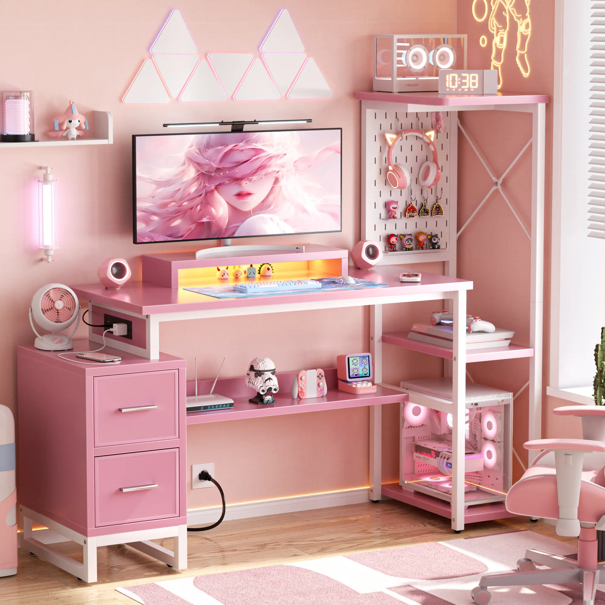 Unikito Computer Desk with Drawers, 3 Outlets & 2 USB Ports, RGB LED Lights, Reversible Storage Shelves, Moveable Monitor Stand, for Home Office/Gaming,summergarden