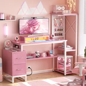 Unikito Computer Desk with Drawers, 3 Outlets & 2 USB Ports, RGB LED Lights, Reversible Storage Shelves, Moveable Monitor Stand, for Home Office/Gaming