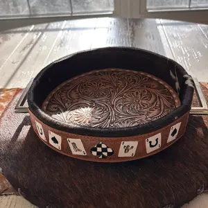 Tooled Leather Cowhide Tray with Intricate Floral and Playing Card Designs