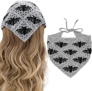 Gothic Crochet Headbands Bat  Bandana for Women, Cotton Knit Triangle Headband Greyscale Halloween Style  Scarf Christmas  Crochet Hair Styling Decor