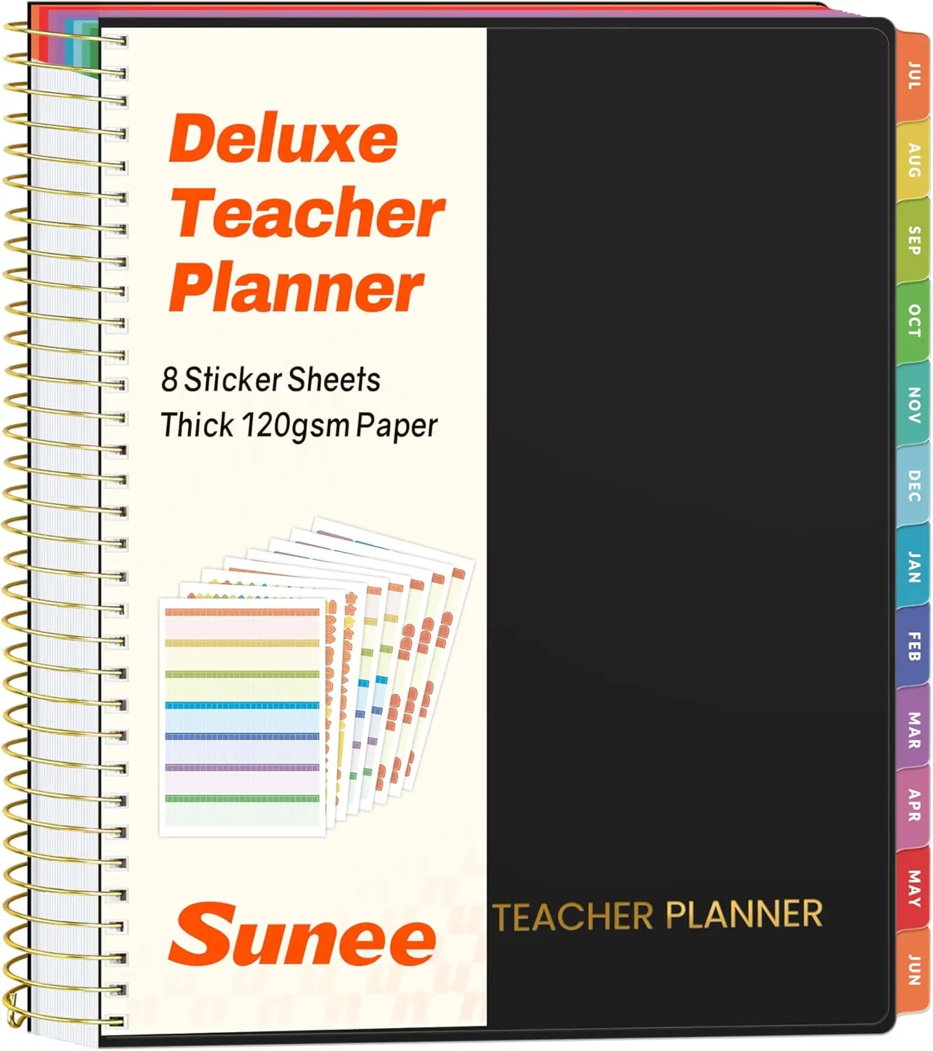 SUNEE Deluxe Teacher Planner 2026-2027, Lesson Planner Book with 7 Periods Jul 2026 - Jun 2027, 8.5" x 11" Daily Weekly and Monthly Organizers with Colorful Tabs, Planning Stickers,120gms Paper, Black