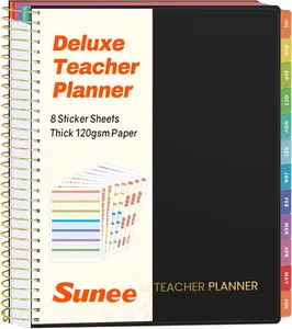SUNEE Deluxe Teacher Planner 2026-2027, Lesson Planner Book with 7 Periods Jul 2026 - Jun 2027, 8.5" x 11" Daily Weekly and Monthly Organizers with Colorful Tabs, Planning Stickers,120gms Paper, Black