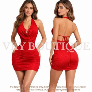 Halter Neck Bodycon Dress Glitter Ruched Mini Dress for Women AS