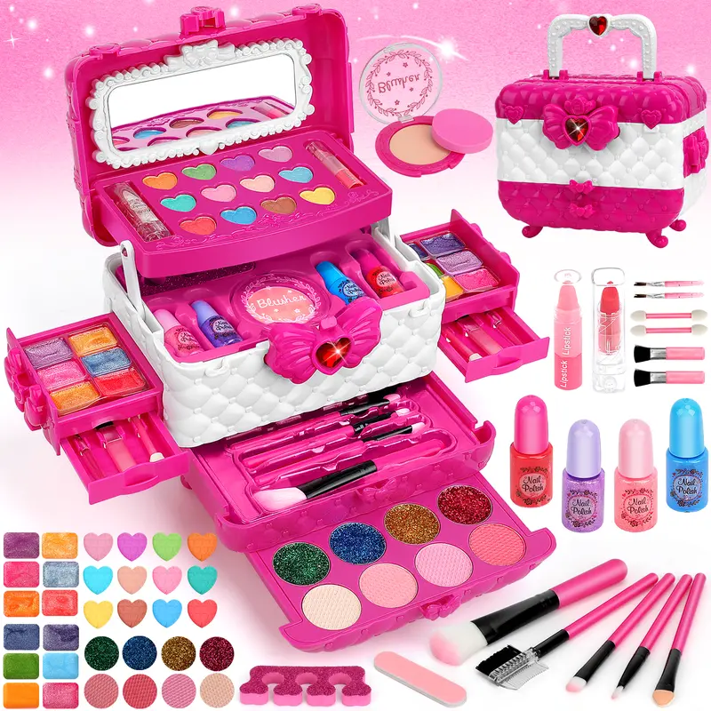 54Pcs Safe-Material Kids Makeup Kit for Girls - Washable, Includes Mirror, Make Up & Dress Up Game, Princess Pretend Play Toy, Christmas Gifts for 3-12 Years Old