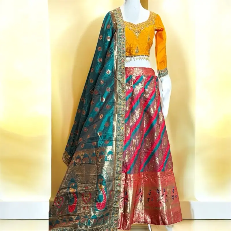 Banarasi Embroidery Work Lehenga Set with Vibrant Orange Top and Rich Teal Dupatta for Festive Wear