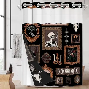 1 Pack No Hook Double Layer Shower Curtain, Halloween Gothic Vintage Frame Print Bath Curtain, Machine Washable, Waterproof, Mildew Resistant, Durable Fabric, Spooky Bathroom Decor, Removable Liner, Top See-Through Window, Partition Curtain 71"×74"