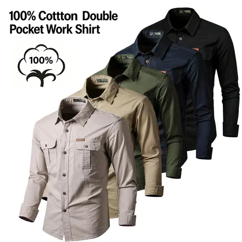 Mens Clothing Long Men's Casual Shirts - Pure Cotton Long-Sleeve Pocket Work Shirt, Chic Notched Collar, Solid Color, Durable, Breathable Vintage Button-Up Outerwear for Outdoor Wear