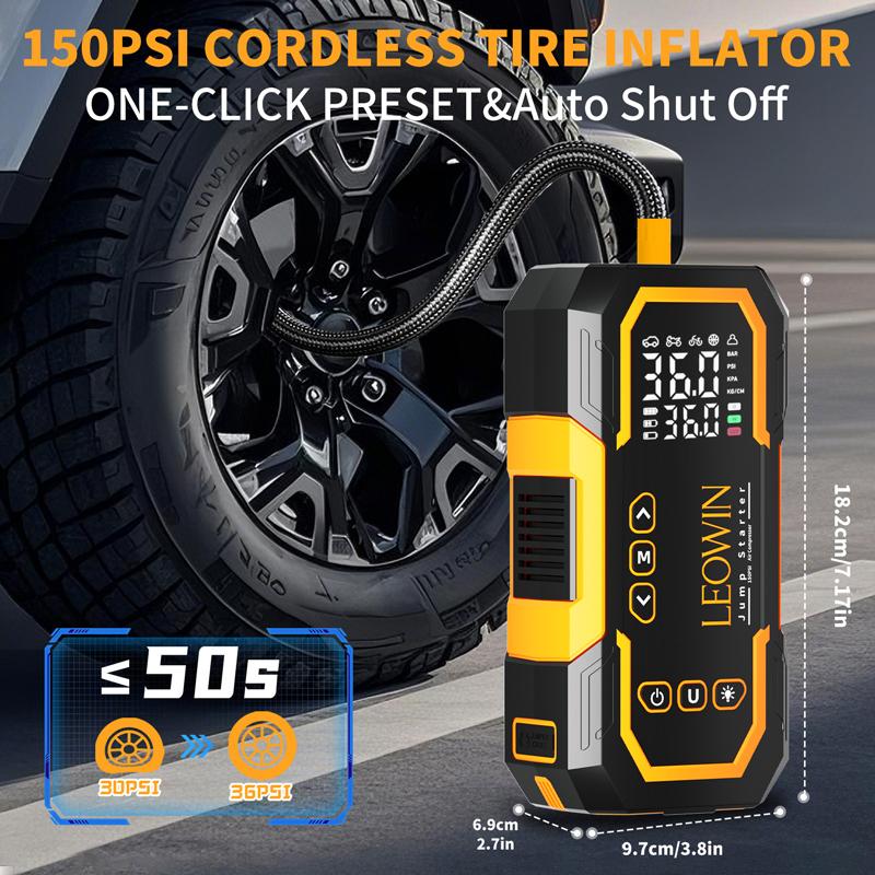 Jump Starter with Air Compressor, Battery Jumper Starter Portable(9.0 Gas/6.5L Diesel) with Tire Inflator, 12V Car Battery Jump Starter with Smart Jumper Cables, LED Light, LCD Display, Car Accessories Tools