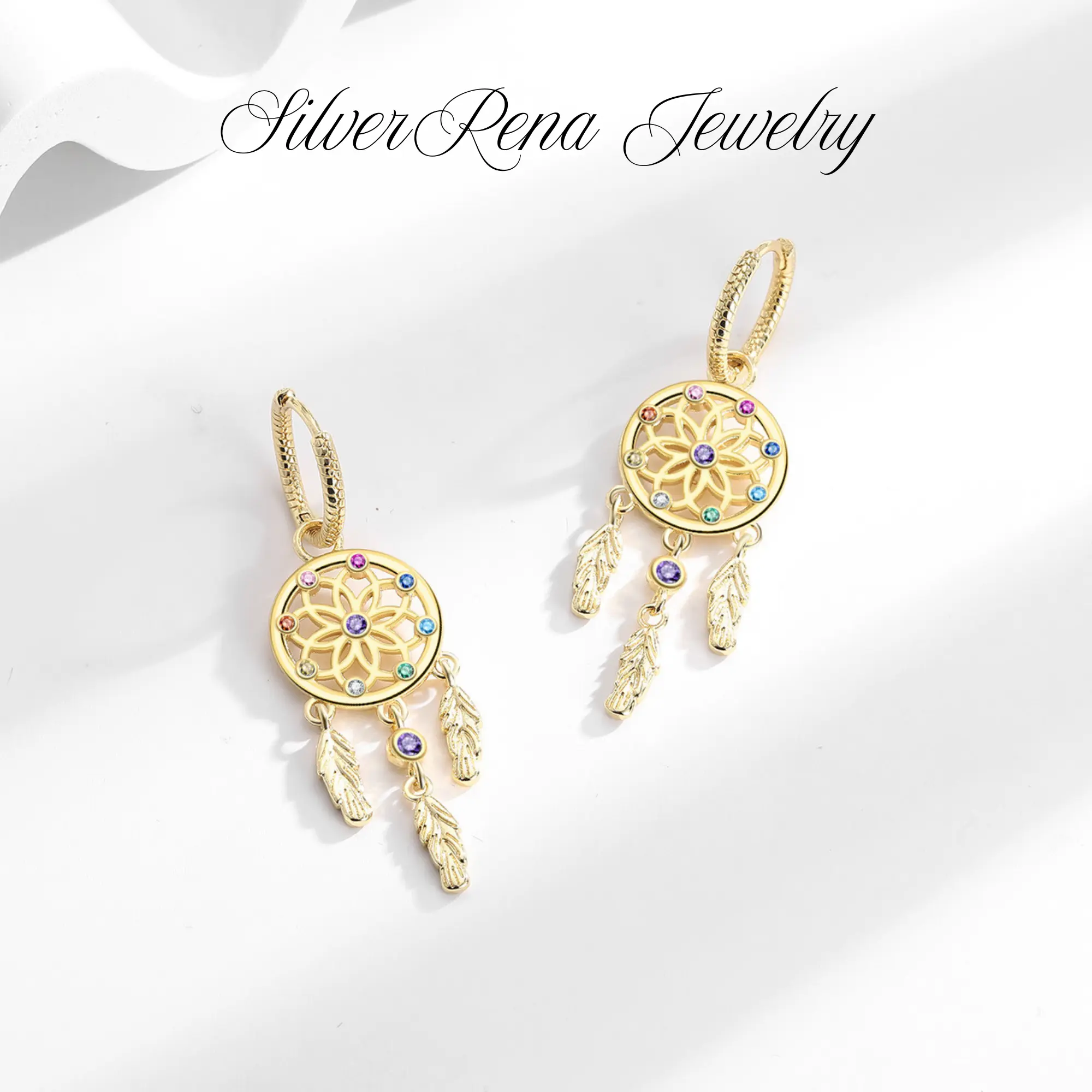 S925 Dreamcatcher and Feather Hoop Earrings, 14k Gold Plated Boho Style Dangle Earrings, Stylish Bohemian Style Perfect Gift for Women, Safe for Casual and Daily Wear for Birthday or Christmas