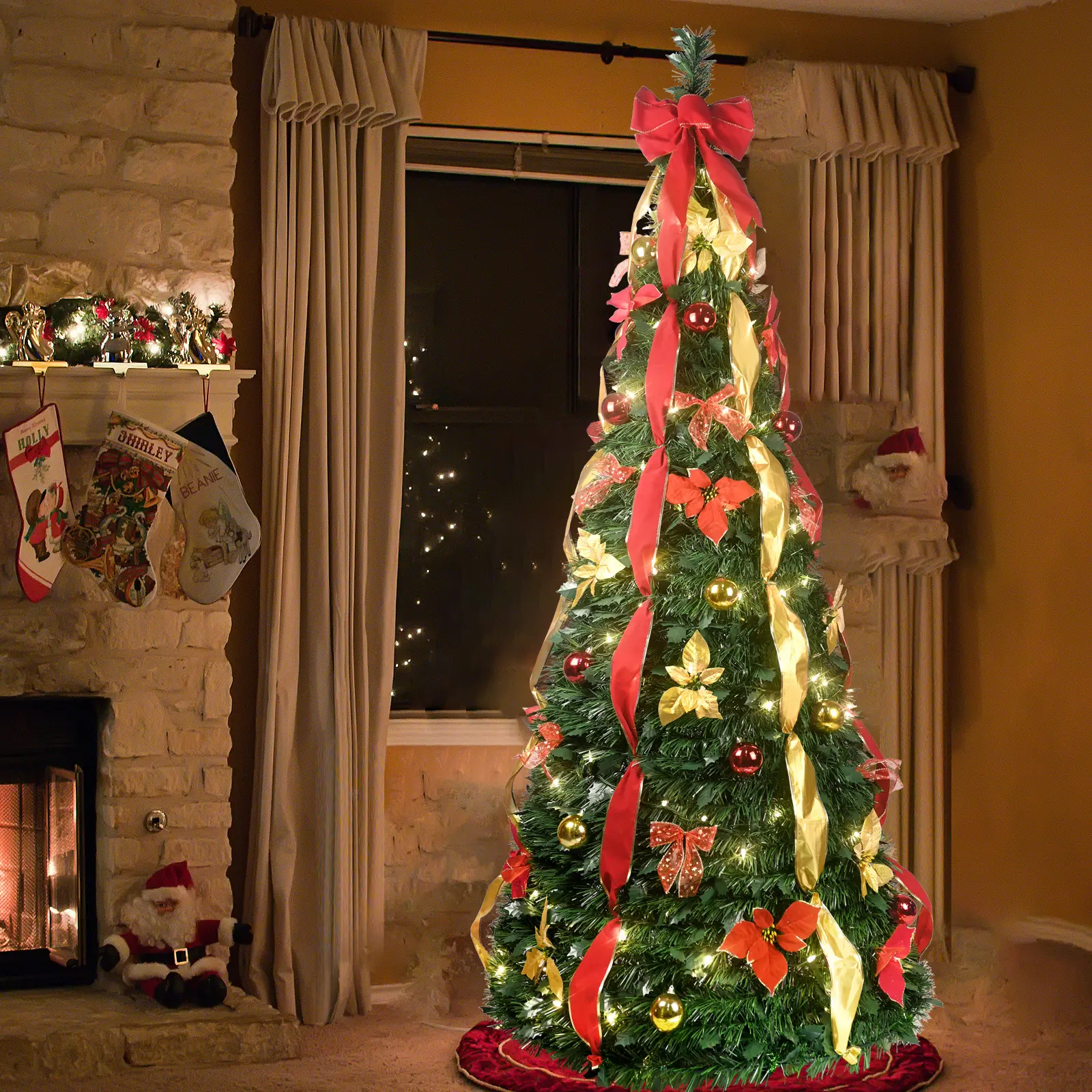 6ft 7.5ft Pre-lit Pre-decorated Christmas Tree Pop-up Christmas Tree, 1 Minute Installation Holiday Party Decorations with Red and Gold Christmas Ball Ornaments Gold Bow Ribbon put ribbon christmas tree Pvc Material Reusable Design christmas decorations