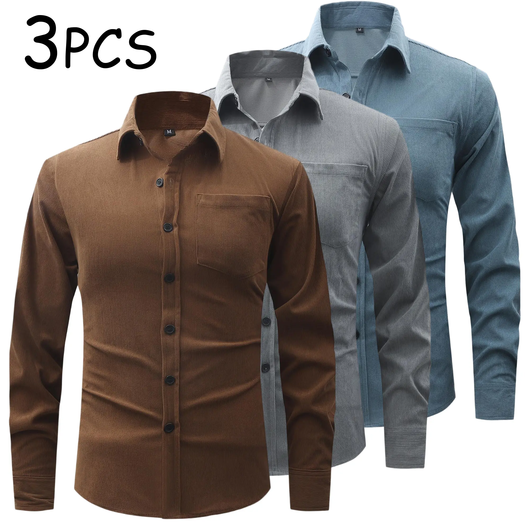 Veiskor Menswear Long Sleeve Corduroy Shirt for Men - American Vintage Workwear Tops, Turn-Down Collar, Single-Breasted, Chest Pocket, Loose Minimalist Casual Wear for Spring/Autumn Commuting, Versatile Shirt Jacket, Full Sleeves