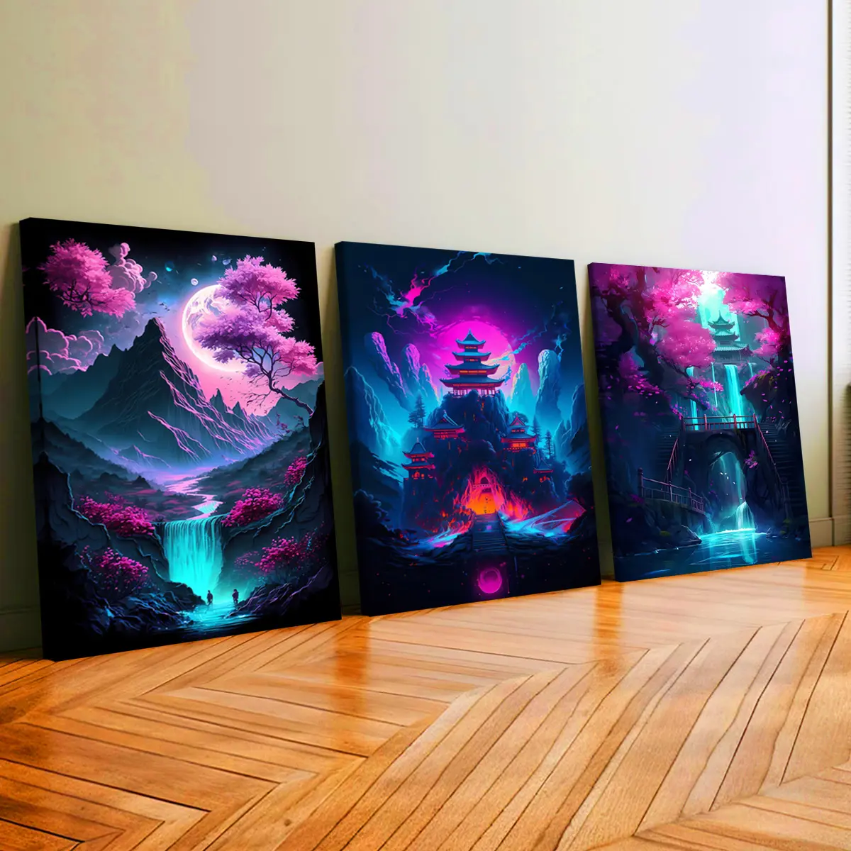 3Pcs Artistic Wooden-Framed Canvas Print Set - Colorful Neon Japanese Fantasy Landscape With Cherry Blossoms & Temples, Odourless Home Supplies Decorative Wall Art, For Living Room, Office, Bathroom