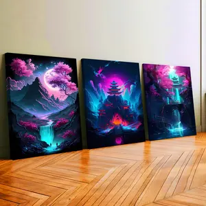 3Pcs Wooden Framed Canvas Painting, Neon Japanese Fantasy Landscape With Cherry Blossoms And Temples, Exquisite Poster, Home Decoration, Pattern Wall Art Decor, For Living Room, Bedroom, Office, Restaurant, Bar Wall Decor, Odorless, Painting,