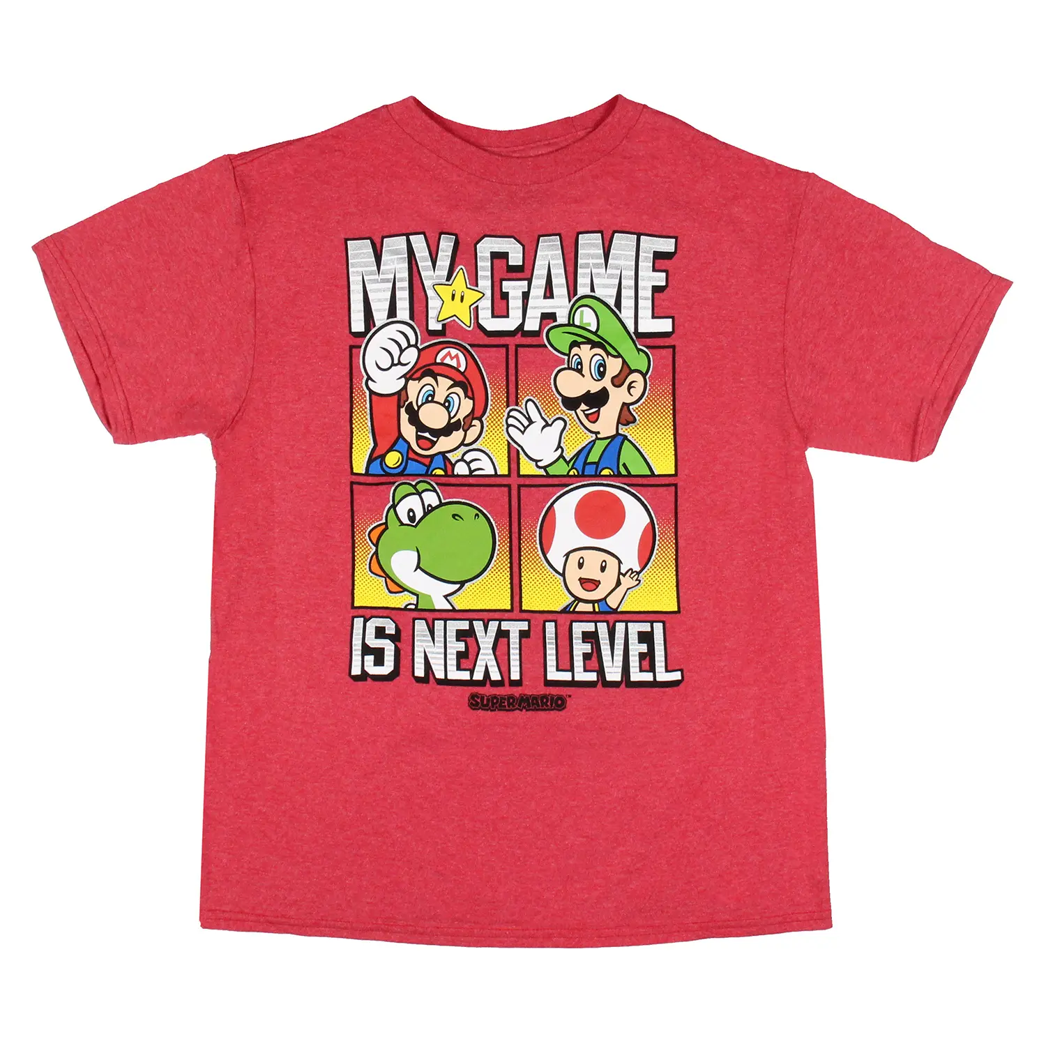 Super Mario Boys' Crew Neck Graphic T-Shirt - Cartoon Print, Character Boxes Design, Soft 50/50 Cotton, "My Game Is Next Level" Graphic Printed Tee, Cartoon Print Tee, Crew Neck Shirt