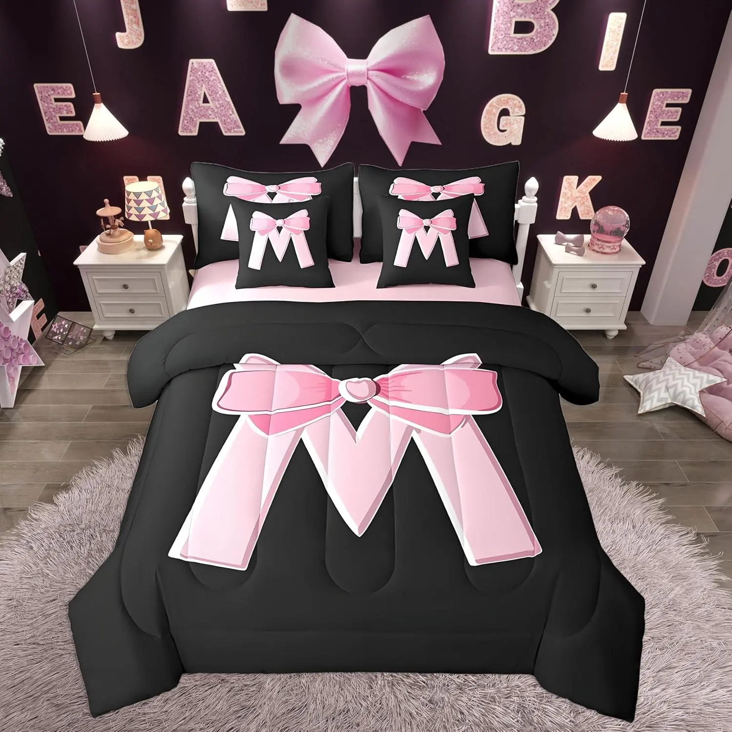 Kawaii Pink Bow Comforter Set with Sheets,Gifts for Women Teen Girl,Personalized Initial Letter M 7 Piece Bedding Set,Soft Monogrammed Bed in a Bag with Comforter,Sheets,Pillowcases