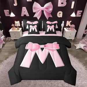 Kawaii Pink Bow Comforter Set with Sheets,Gifts for Women Teen Girl,Personalized Initial Letter M 7 Piece Bedding Set,Soft Monogrammed Bed in a Bag with Comforter,Sheets,Pillowcases