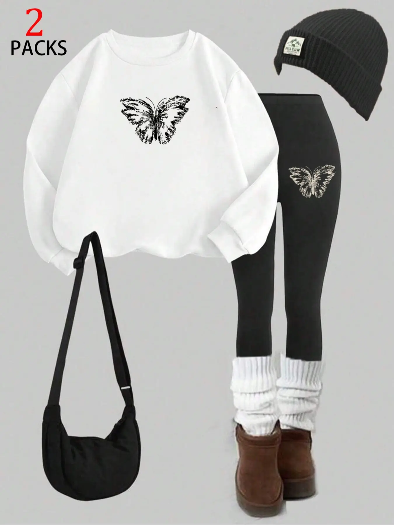 Women's 2-Piece Casual Sportswear Set, Fall & Winter Warm Sweatshirt + Fitness Long Pants, Butterfly Print, Loose-Fitting, Youth Friendly, Sweatsuit Set