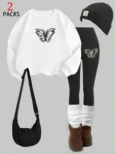 Women's 2-Piece Casual Sportswear Set, Fall & Winter Warm Sweatshirt + Fitness Long Pants, Butterfly Print, Loose-Fitting, Youth Friendly, Sweat Suit