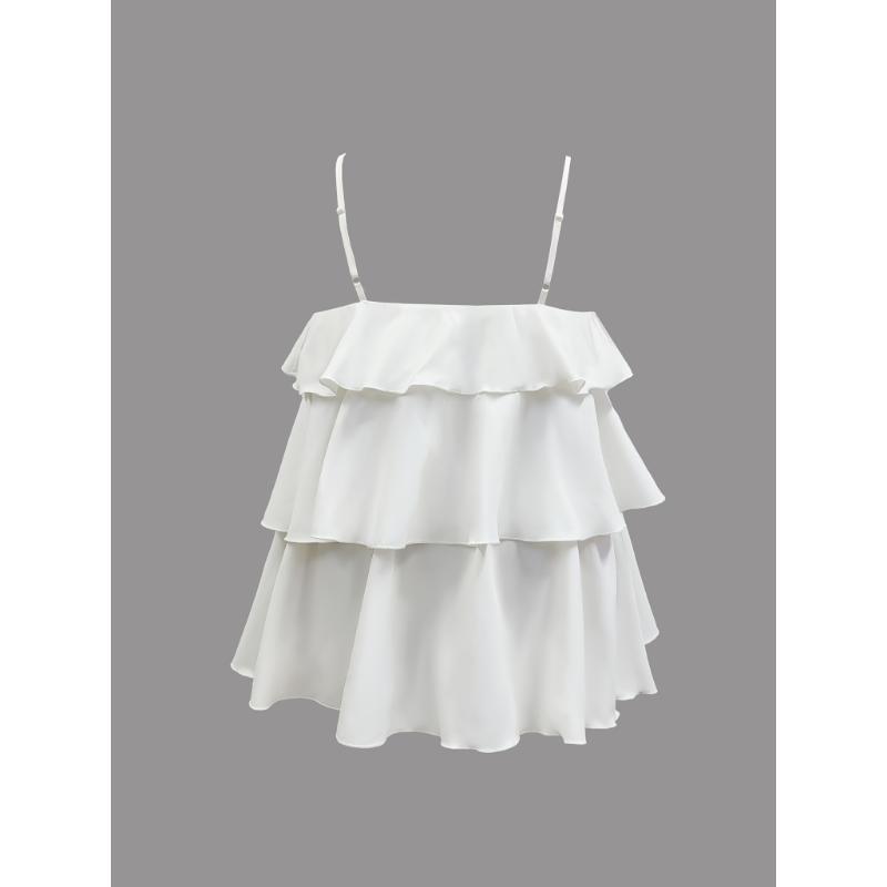 Elegant Plus Size Womens Sleeveless Tiered Ruffle Cami Top - White Layered Peplum Design, Non-Sheer Fabric, Hand Washable, Perfect for Casual or Chic Outfits, Versatile Layering Piece | Voluminous Blouse | Nonstretch Fabric