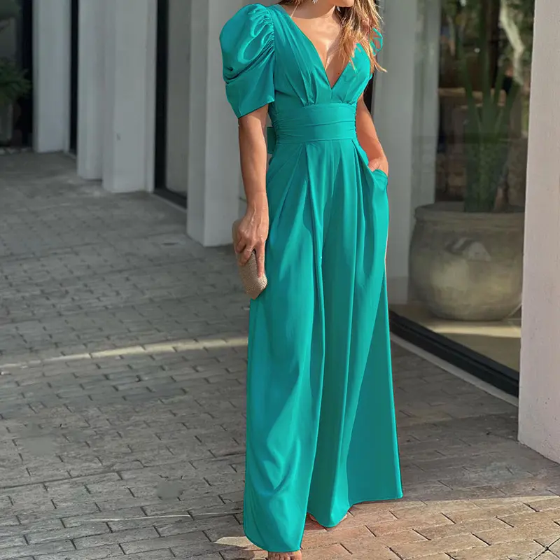 2025 new European and American women's short-sleeved fashionable and elegant large-size wide-leg European and American jumpsuit