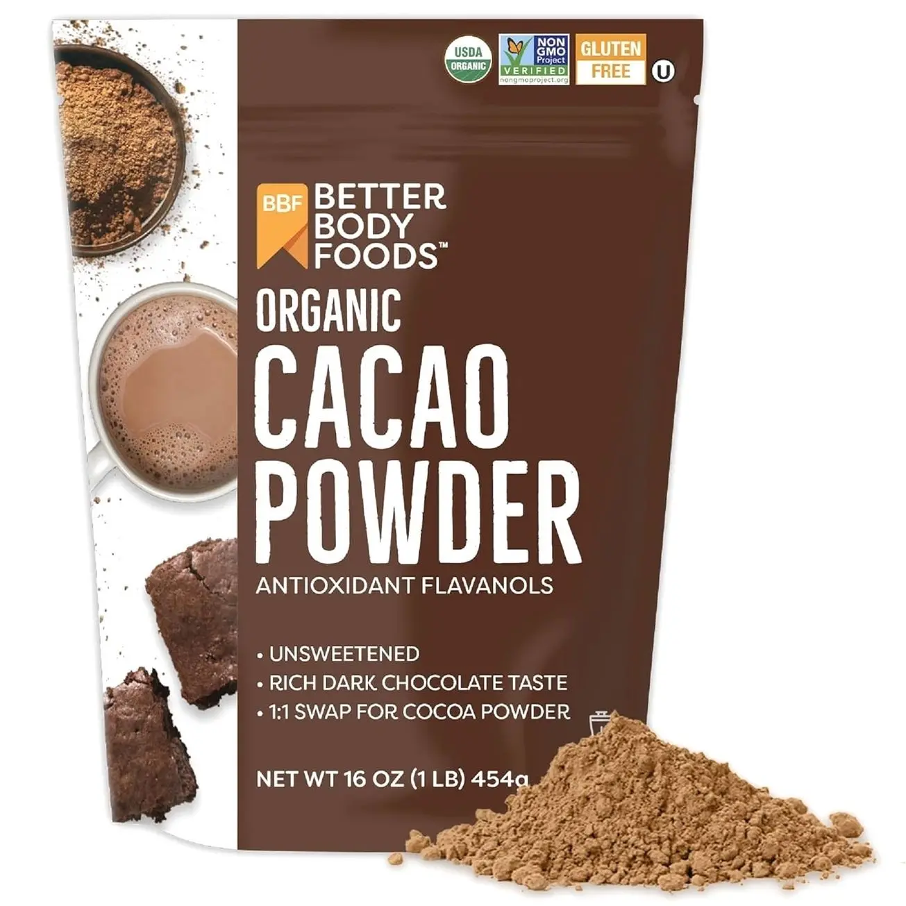 BetterBody Foods Organic Cacao Powder, Rich Chocolate Flavor, Non-GMO, Gluten-Free, Cocoa, 16 ounce, 1 lb bag