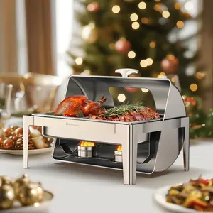 WARMOUNTS 180° Roll Top Chafing Dish with Glass Lid - 9QT Rectangular Buffet Warmer Set, Multi-Size Food Pans & Mirror Polished Stainless Steel for Catering Events