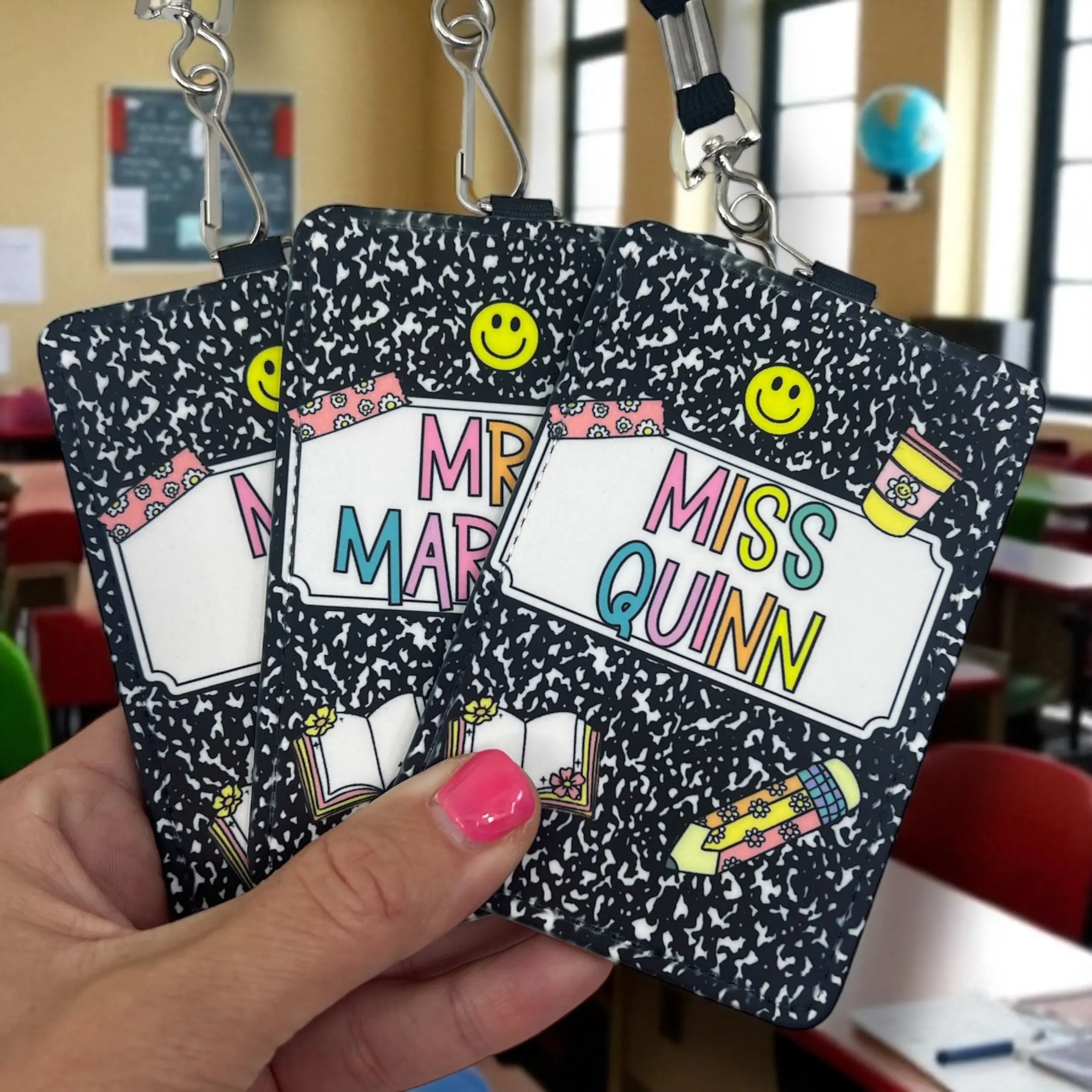Personalized Teacher ID Badge Holder – Composition Notebook Design with Lanyard