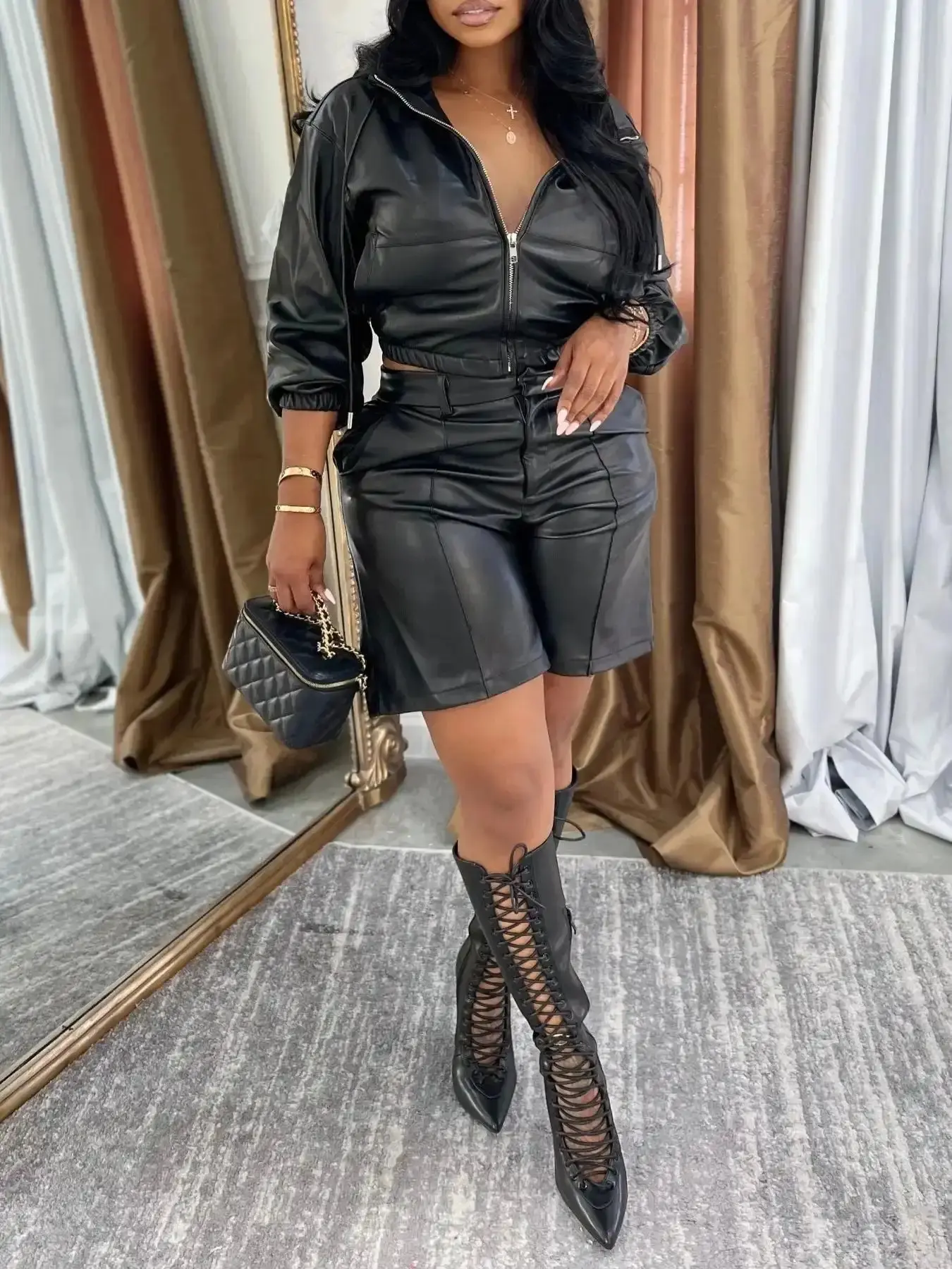 Women's Fashion Patchwork Leather Jacket Fitted Set Outfit Womenswear with Hat Long Sleeve Coat Short Pants Casual Fall Winter, Two-Piece Stylish Clothing Lady